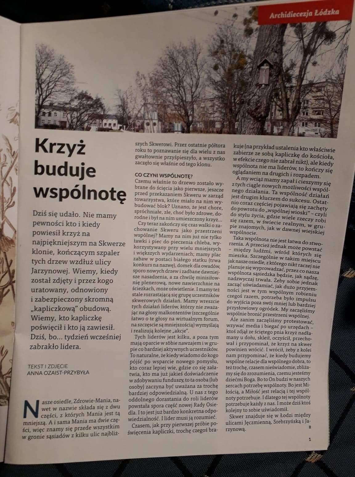 Artykuł o kapliczce przy Jarzynowej w Przewodniku Katolickim z 2019 roku.